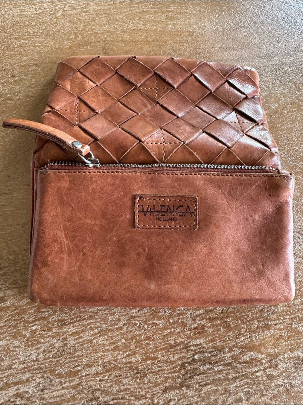 VILENCIA Holland Woven Leather Zip Pouch - Cognac